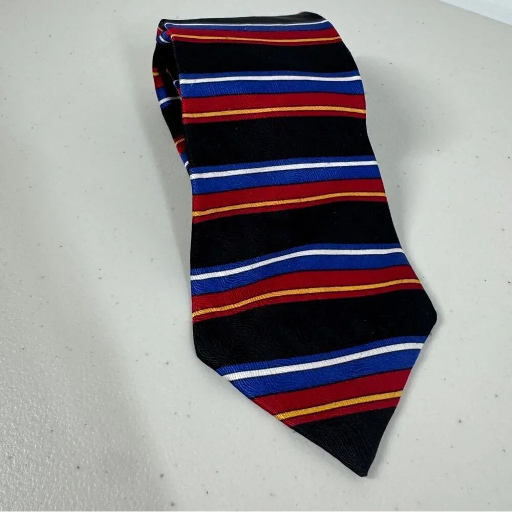 VTG Oscar de la Renta Striped Black Tie with Red and Blue Accents Textured
